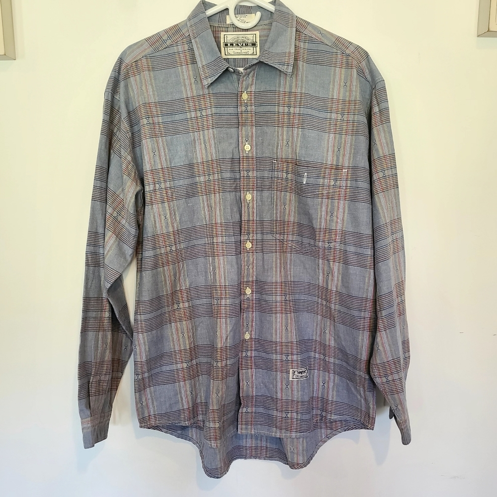 Vintage Levi's Button Down Shirt Size M Blue 90's Plaid Striped Western